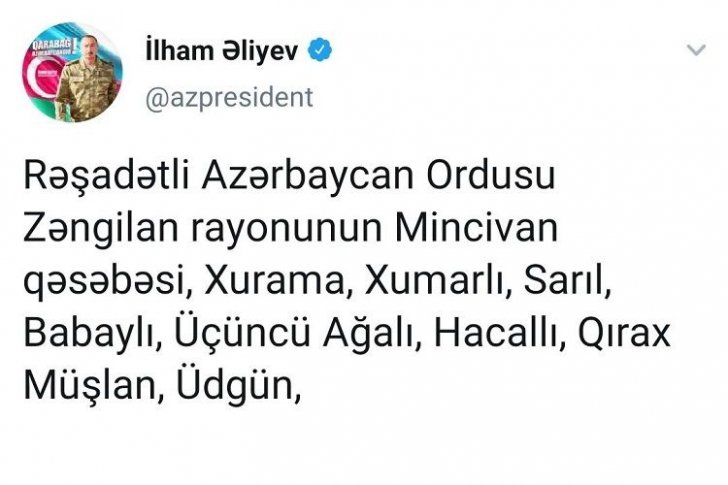 Azərbaycan Ordusu Mincivan qəsəbəsini və daha 21 kəndi işğaldan azad edib